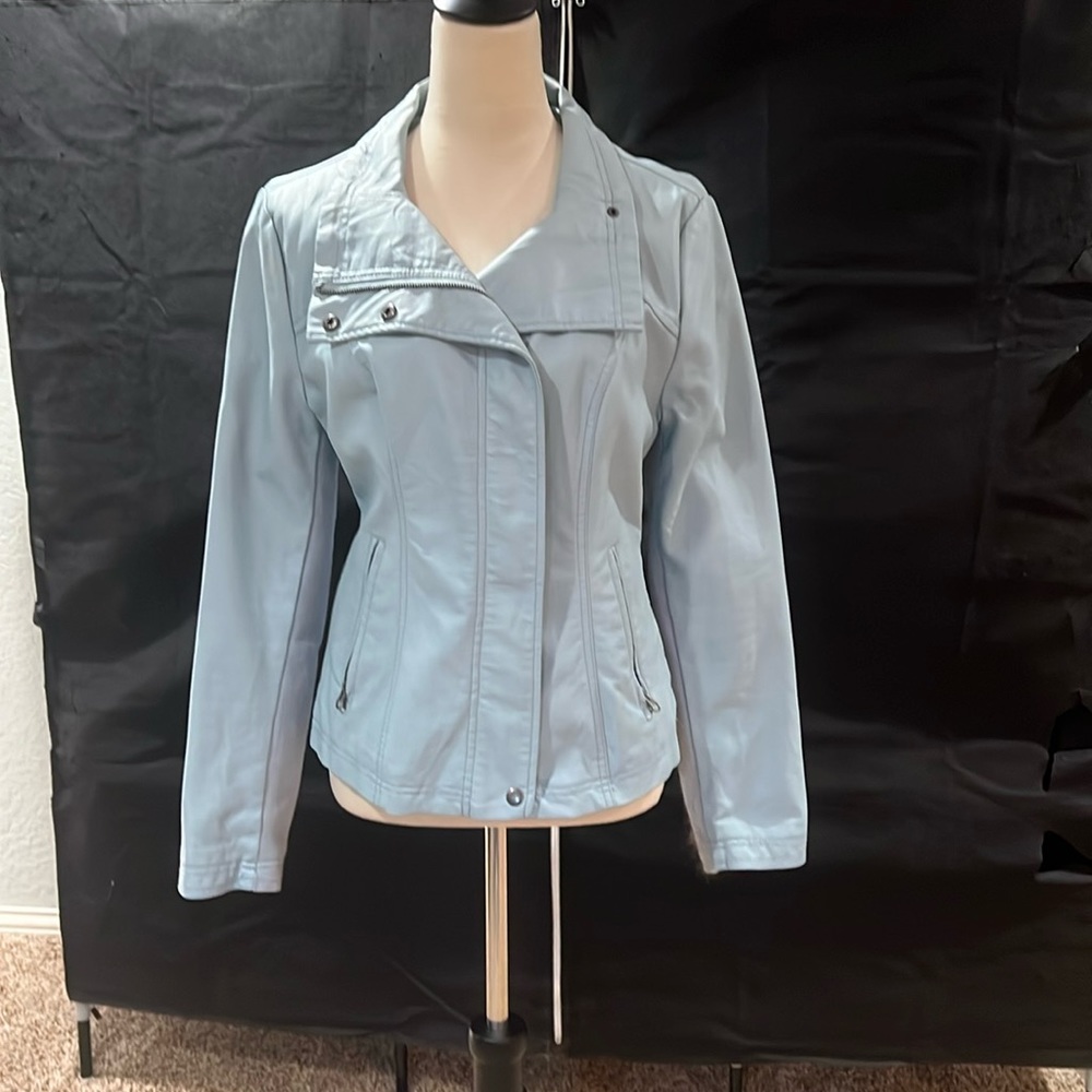 Light blue imitation leather and sweater jacket. Size M